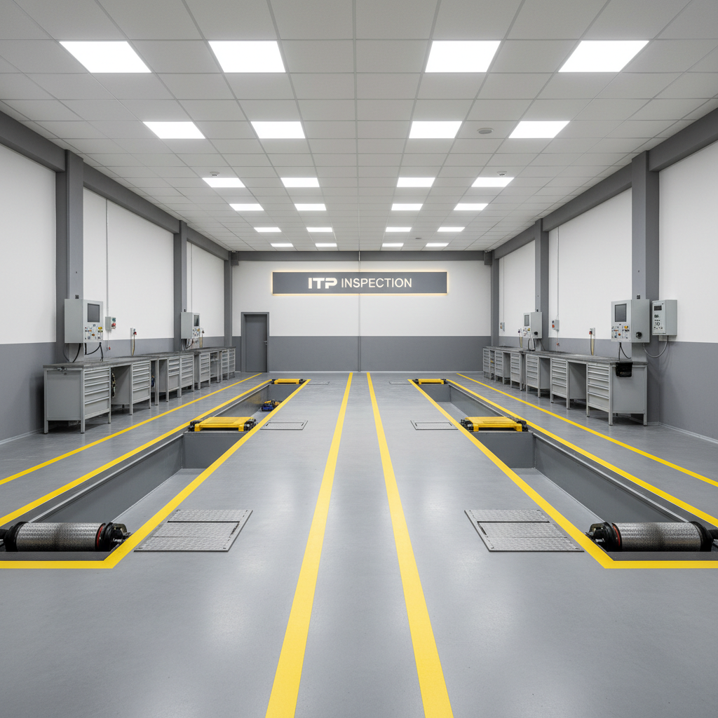 A spacious, spotless auto inspection hall with two parallel lanes, each featuring embedded roller brake testers, metal alignment plates, and low-profile hydraulic lifts integrated into the polished concrete floor. Bright yellow safety markings clearly define paths and station areas, while neatly arranged tool cabinets and wall-mounted control panels line the sides. Neutral gray and white walls emphasize cleanliness, illuminated by powerful but diffused LED panels that eliminate harsh shadows. The image is captured from a slightly elevated wide-angle perspective, showing depth and symmetry as the lanes recede into the distance. The mood is highly professional, efficient, and trustworthy, with photographic realism that highlights order, safety, and modern equipment, ideal for illustrating a high-standard ITP inspection facility with no human presence.