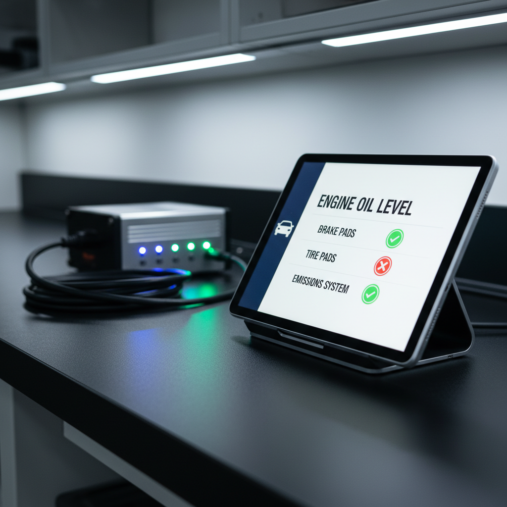 A close-up, highly detailed view of a modern digital diagnostic tablet securely docked on a sturdy black workbench, its bright screen displaying a simplified vehicle inspection checklist with clear green and red status indicators and an icon of a car. Behind the tablet, slightly out of focus, rests a coiled OBD-II cable and an emissions testing module with polished metal surfaces and indicator LEDs. The setting is a clean, organized inspection bay with soft, cool-toned overhead lighting creating gentle reflections on the devices. Captured with a shallow depth of field at a low, side-on angle, the focus is razor sharp on the tablet and its interface. The atmosphere is technical yet approachable, emphasizing precision, technology, and ease of use in a photographic, modern style.