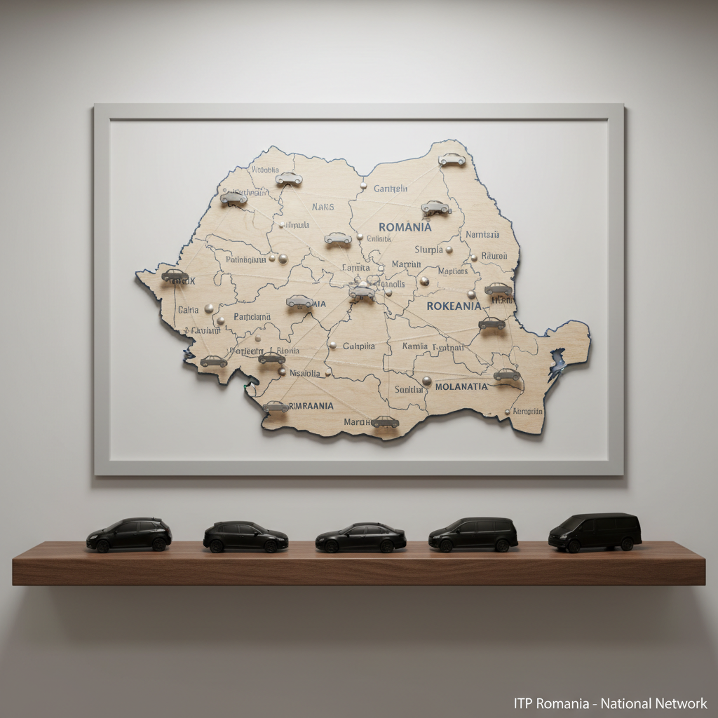 An organized wall-mounted map of Romania with clearly marked city locations, each indicated by small metallic pins shaped like minimalist car icons, connected by thin subtle lines suggesting a network of inspection centers. Below the map, a sleek dark wood shelf holds a neatly stacked row of small, monochrome car models of different types, symbolizing a wide range of vehicles. Soft, neutral studio lighting from above creates gentle gradients on the wall and delicate shadows under the shelf, giving depth without distraction. Photographed straight-on with balanced composition and sharp focus across the frame, the mood is confident, professional, and service-oriented. The photographic realism and clean, modern aesthetic communicate national coverage and easy access to nearby ITP locations.