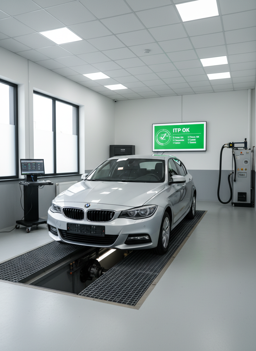 A meticulously maintained compact silver hatchback parked inside a bright, modern auto inspection bay, positioned precisely over a recessed inspection pit with metal grates visible. Around the vehicle, clean diagnostic equipment, a mounted emissions testing unit, and an illuminated wall-mounted monitor display a clear green “ITP OK” style checklist graphic. Cool daylight pours in from large side windows, complemented by white LED ceiling panels that create even, shadow-free lighting and subtle reflections on the car’s glossy paint. Photographed at eye level with a slight three-quarter front angle, everything is in crisp focus, conveying precision, professionalism, and trust. The overall photographic realism aesthetic is clean, organized, and technical, perfect for a professional Romanian auto inspection booking website.