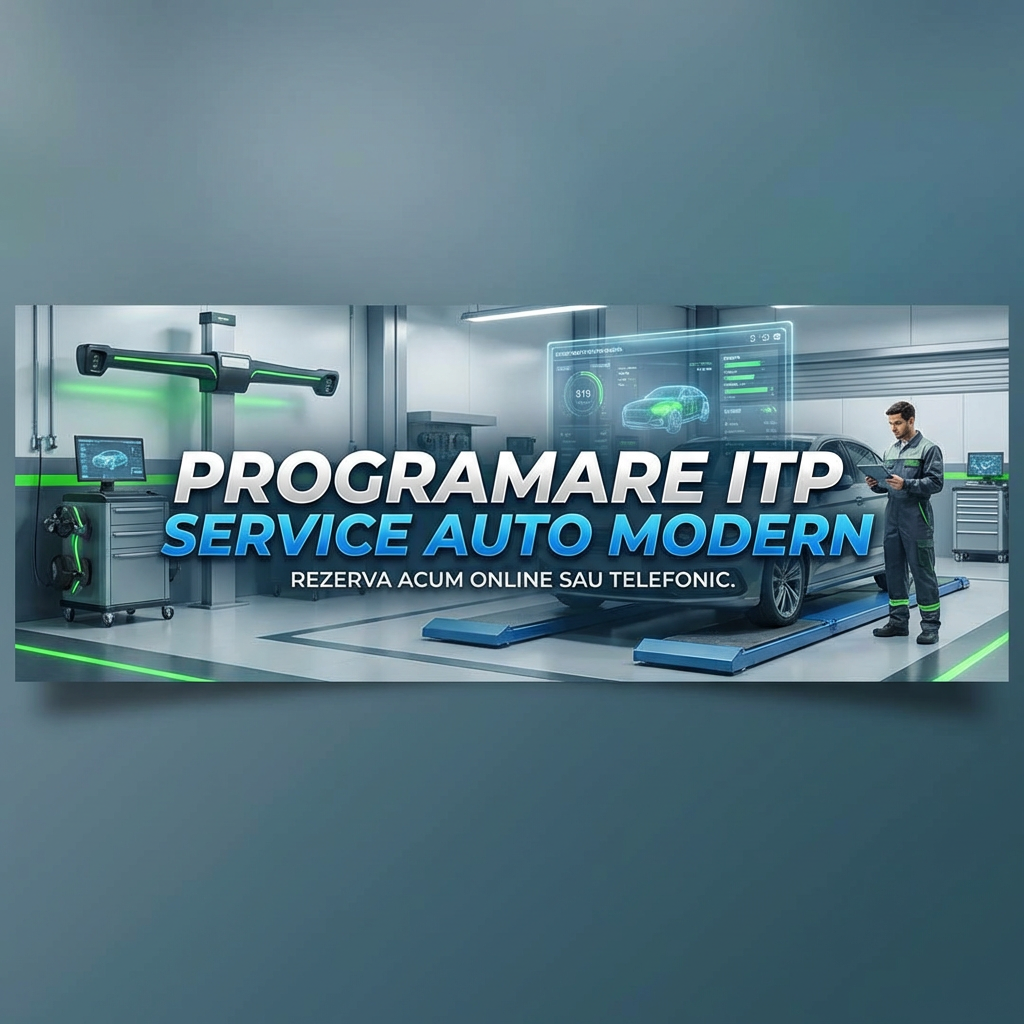 Promotional banner with text: PROGRAMARE ITP SERVICE AUTO MODERN. REZERVA ACUM ONLINE SAU TELEFONIC.